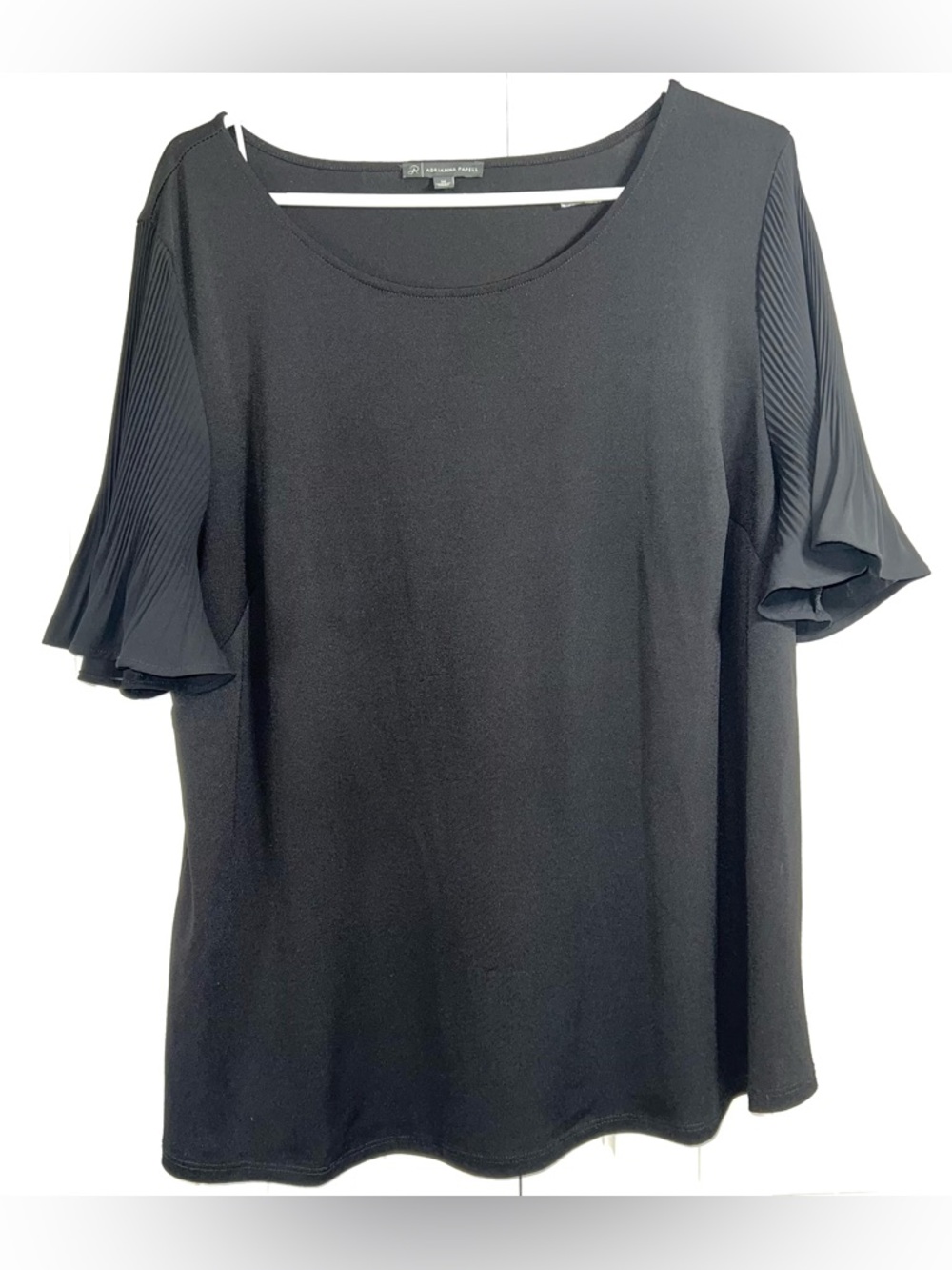 Adrianna Papell Shirt 1X Top Black Solid Flutter Short Sleeve Plisse Whimsigoth